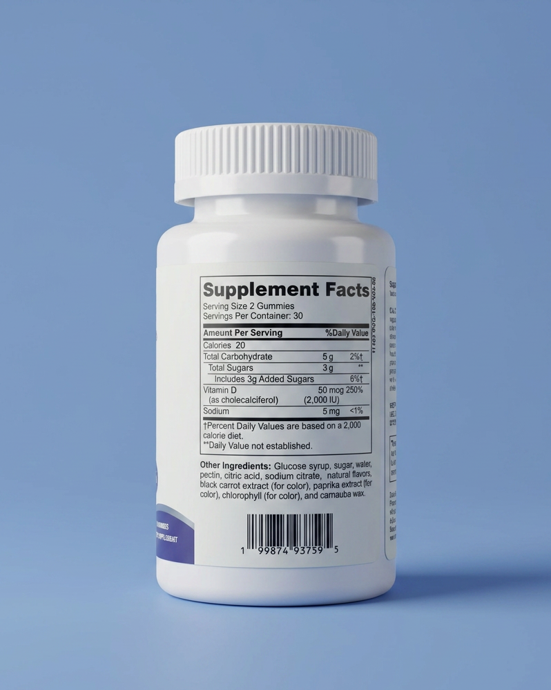 A white plastic supplement bottle shown from the back against a solid light blue background. The label features a white Supplement Facts panel with black text and a barcode, with a small purple accent on the bottom left of the label.