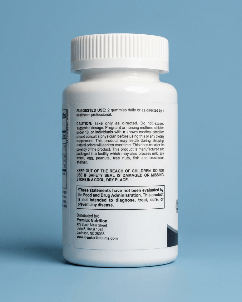 Premiux Biotin Gummies 5000mcg — Hair, Nails & Skin - Premiux NutritionA white plastic bottle of dietary supplements shown from the back, displaying detailed black text instructions and warnings, set against a solid light blue background.199874556253