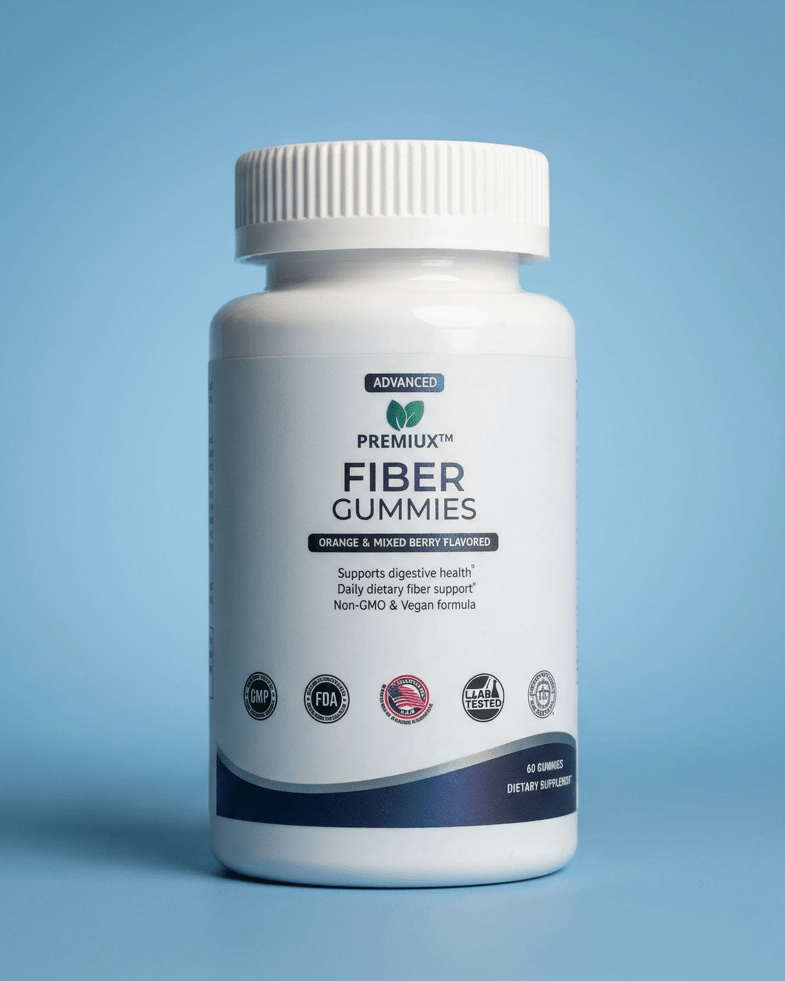 Premiux Fiber Gummies — Prebiotic Chicory Root - Premiux NutritionA white plastic bottle of Premiux Fiber Gummies with a ribbed white cap, set against a clean light blue background. The label features the brand name 'PREMIUX' and product name 'FIBER GUMMIES' in dark blue and black text, with various certification logos at the bottom.199874279633