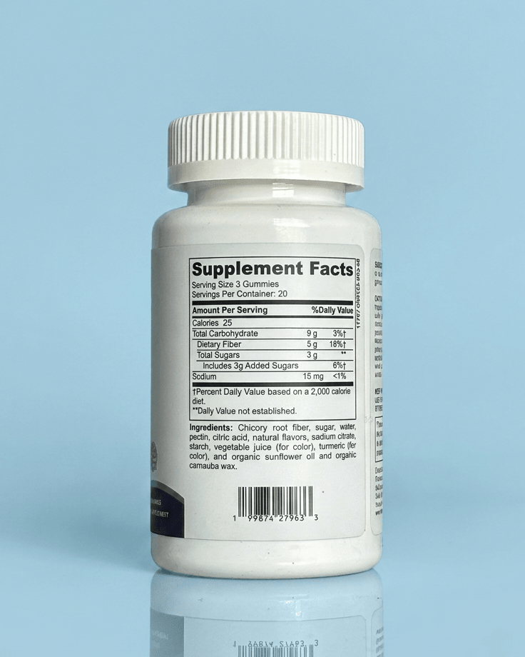 Premiux Fiber Gummies — Prebiotic Chicory Root - Premiux NutritionA white plastic bottle of dietary supplements shown from the back, displaying the Supplement Facts label against a light blue background with a soft reflection below.199874279633