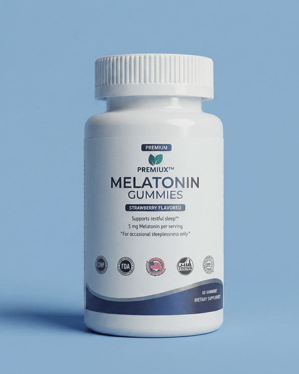 Premiux Melatonin Gummies 5mg — Supports Healthy Sleep Onset - Premiux NutritionA white bottle of Premixa Melatonin Gummies centered on a solid light blue background.199874207056