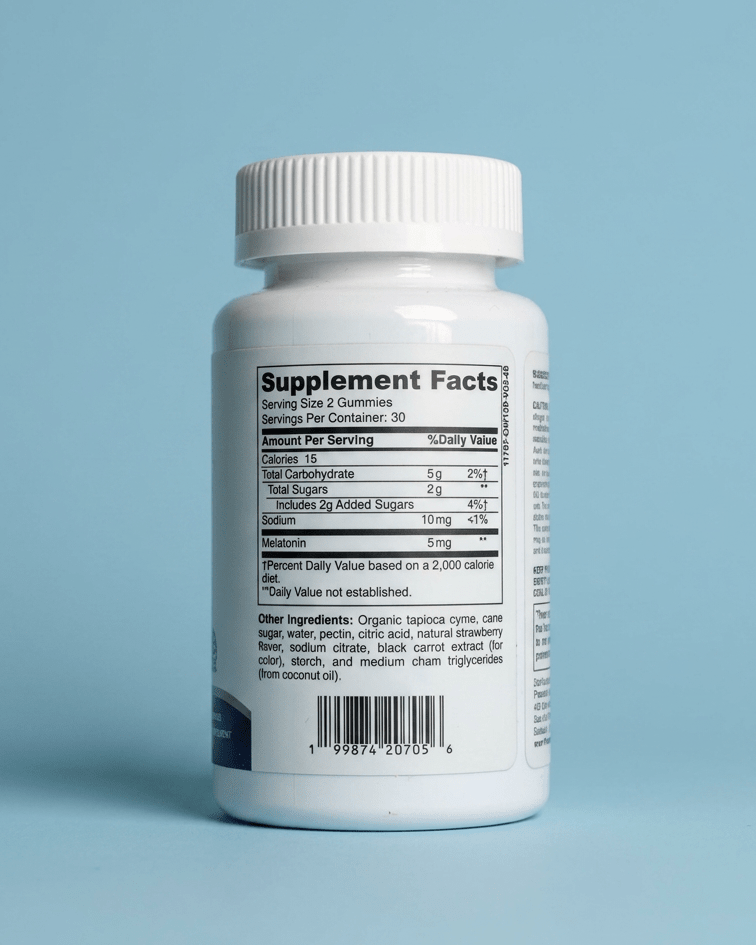 Premiux Melatonin Gummies 5mg — Supports Healthy Sleep Onset - Premiux NutritionA white plastic bottle of dietary supplements shown from the back, displaying the Supplement Facts label against a solid light blue background.199874207056