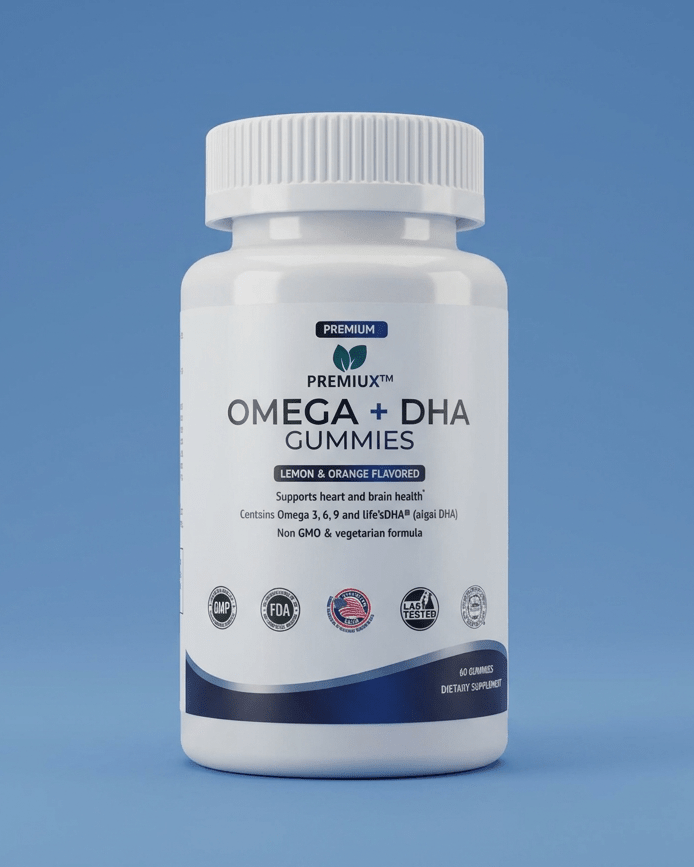 Premiux Omega-3 DHA Gummies — Brain, Heart & Eye Support - Premiux NutritionA white plastic bottle of Premise Premium Omega + DHA Gummies centered on a solid blue background.199874529189