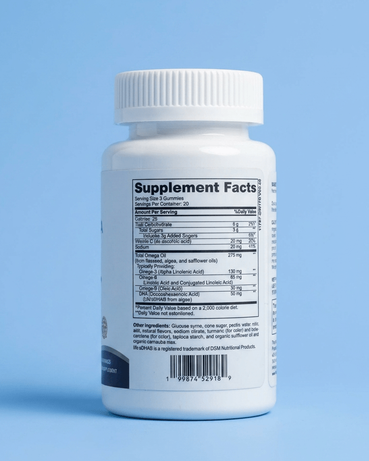 Premiux Omega-3 DHA Gummies — Brain, Heart & Eye Support - Premiux NutritionA white plastic supplement bottle shown from the back, displaying the Supplement Facts label against a solid light blue background.199874529189