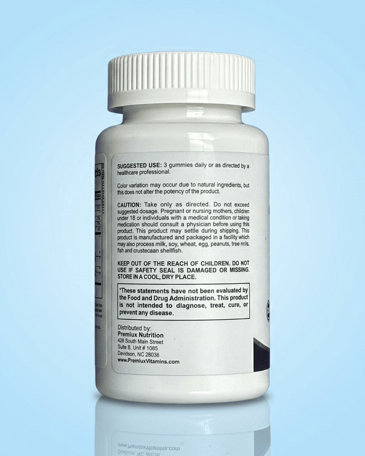 Premiux Omega-3 DHA Gummies — Brain, Heart & Eye Support - Premiux NutritionA white plastic bottle of gummies, shown from the back with printed text visible, set against a light blue gradient background with a soft reflection below.199874529189