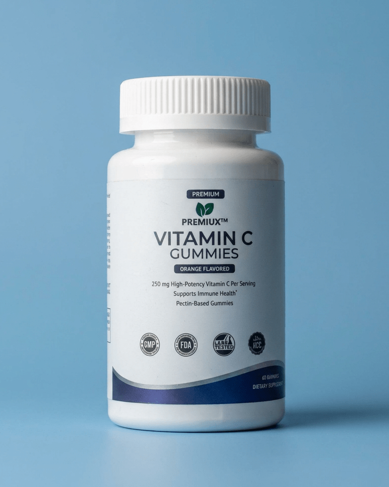 Premiux Vitamin C Gummies 250mg — Immune Defence - Premiux NutritionA white plastic bottle of Premium Vitamin C Gummies with a white ribbed cap, set against a solid light blue background. The label features black and dark blue text and graphics.199874435411
