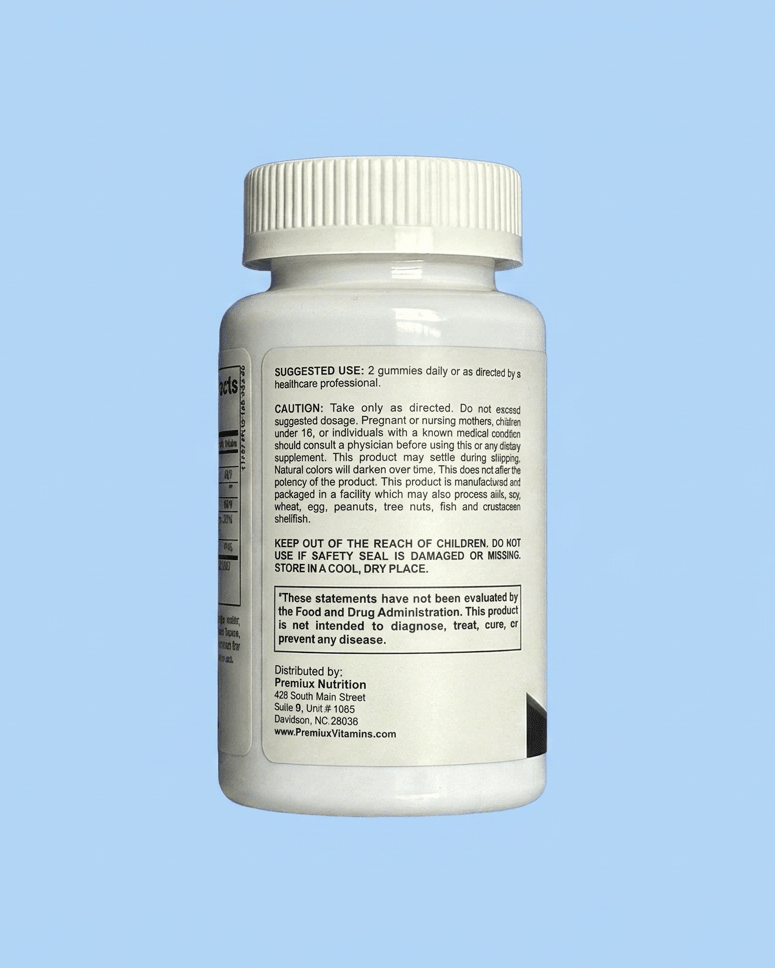 Premiux Vitamin D Gummies 2000 IU — Immune & Bone Health - Premiux NutritionA white plastic bottle of dietary supplement capsules shown from the back, featuring a ribbed white cap and black text on the label, set against a solid light blue background.199874937595