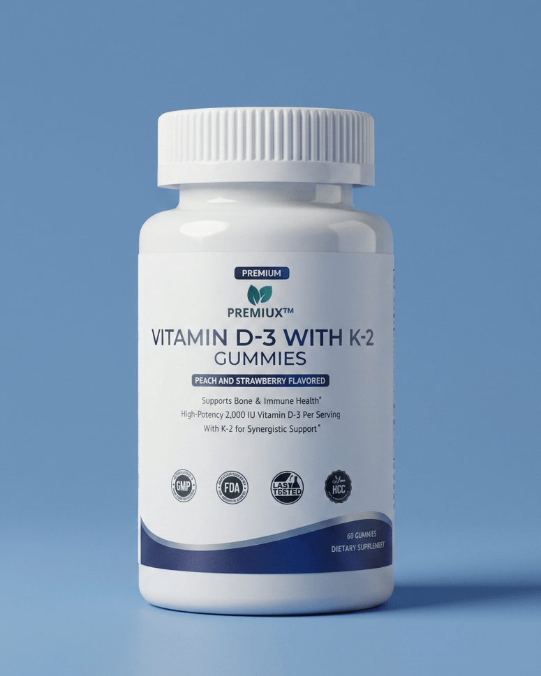 Premiux Vitamin D3 + K2 Gummies — Bone & Heart Health - Premiux NutritionA white bottle of Premium Vitamin D-3 with K-2 Gummies on a solid blue background. The label features the brand name 'PREMIUM' with a green leaf logo, and text indicating it is 'PICKED AND STRAWBERRY FLAVORED'.199874591377