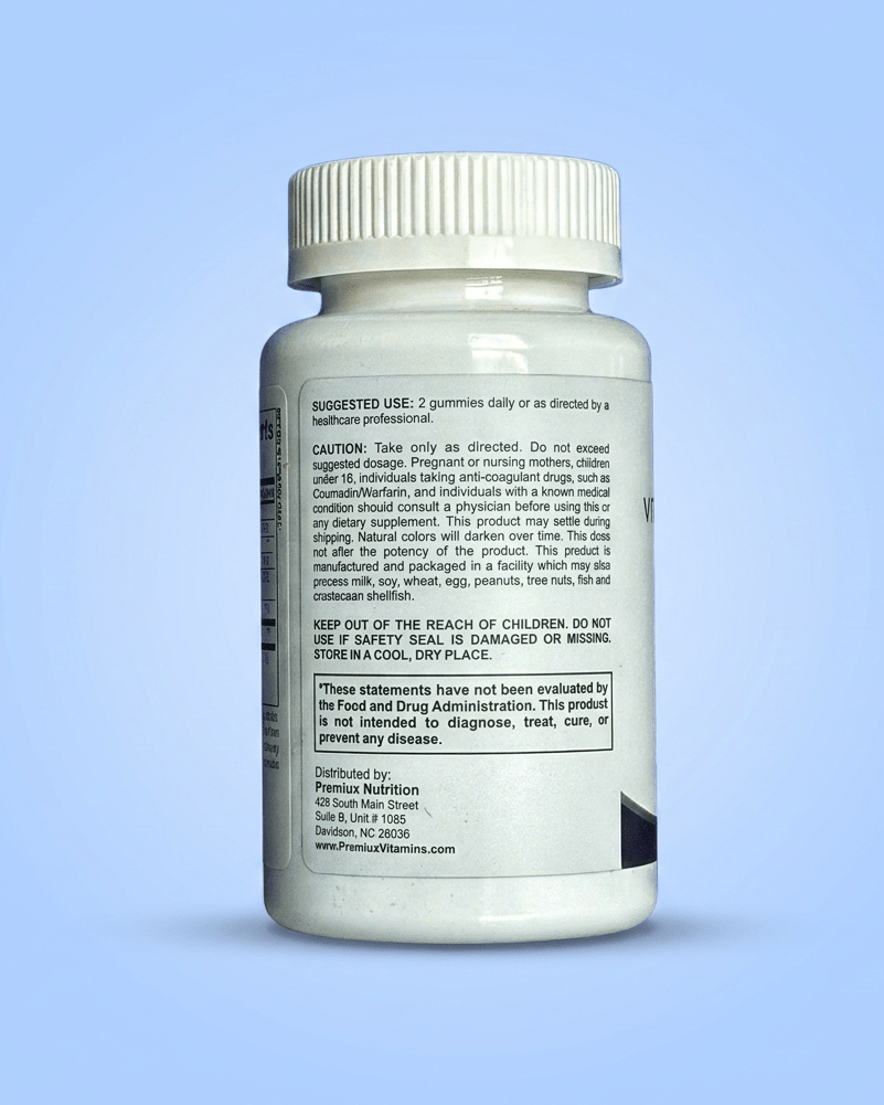 Premiux Vitamin D3 + K2 Gummies — Bone & Heart Health - Premiux NutritionA white plastic bottle of Permus Nutrition dietary supplements, shown from the back with the label facing forward against a solid light blue background.199874591377