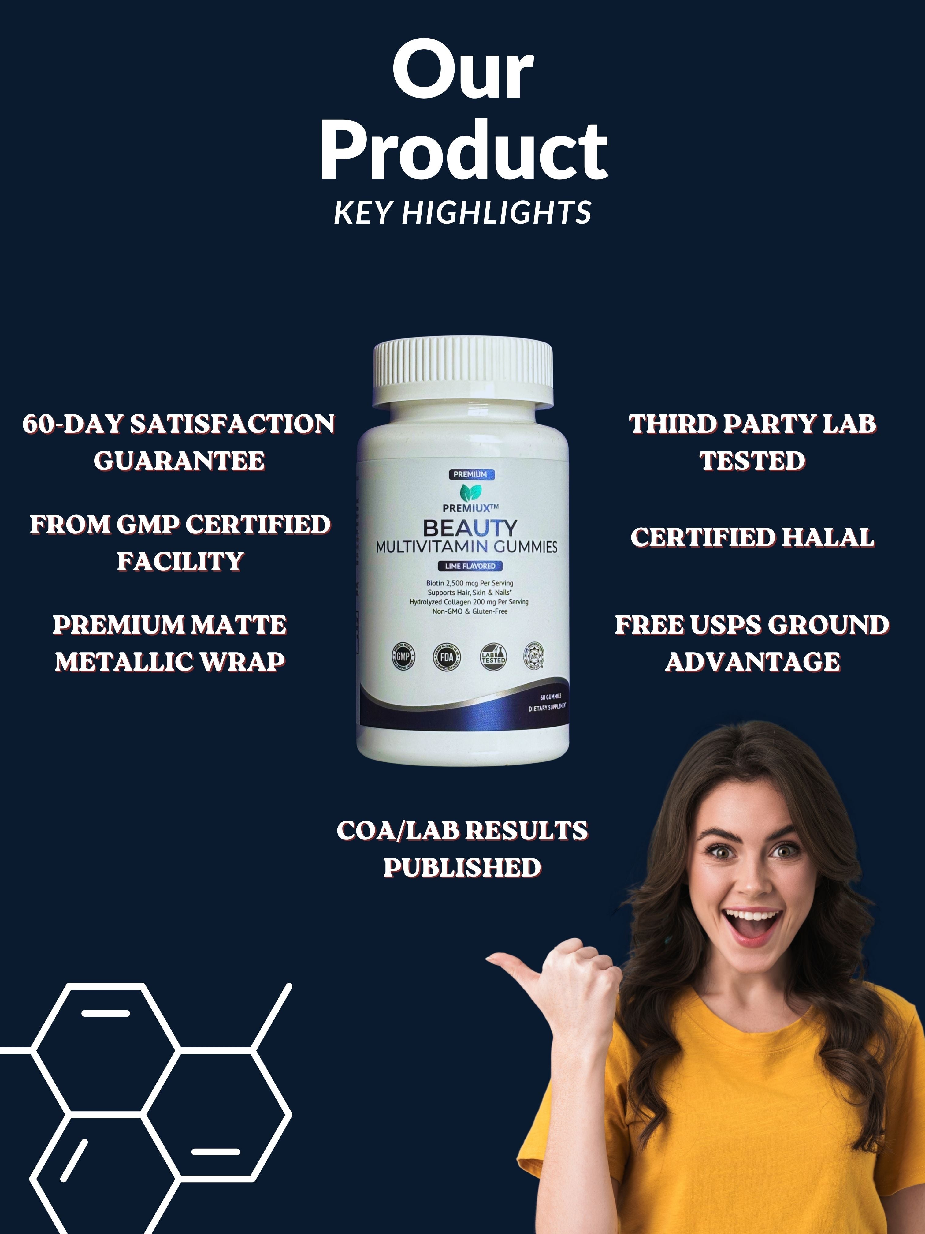 Premiux Beauty Multivitamin Gummies — Hair, Skin, Nails & Glow Support