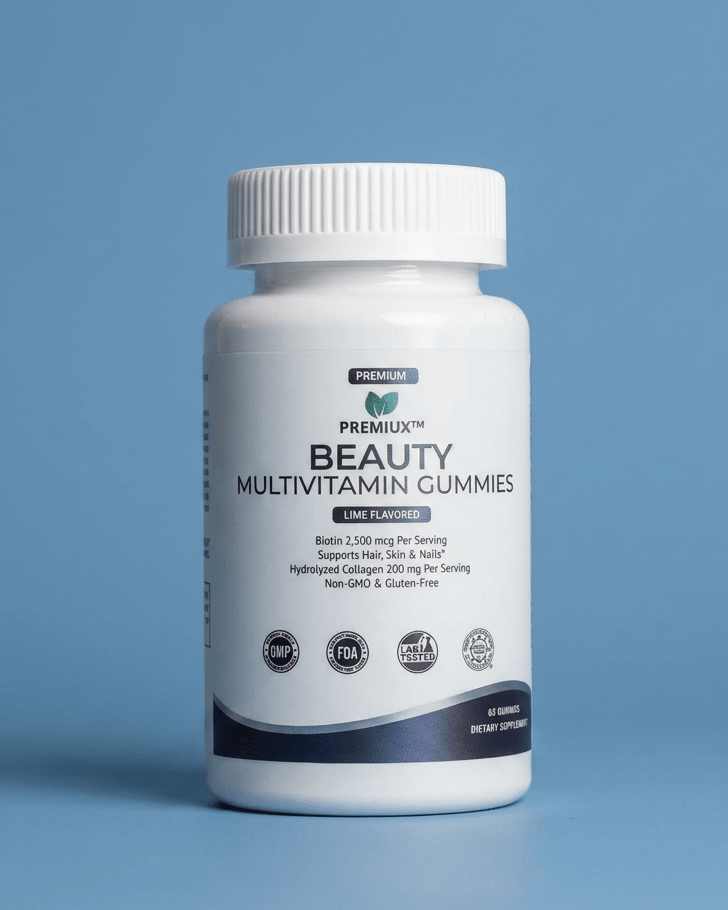 Premiux Beauty Multivitamin Gummies — Hair, Skin, Nails & Glow Support - Premiux NutritionA white bottle of Premiumx Beauty Multivitamin Gummies on a solid blue background.199874313672