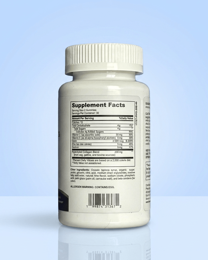 Premiux Beauty Multivitamin Gummies — Hair, Skin, Nails & Glow Support - Premiux NutritionA white plastic supplement bottle shown from the back, displaying the Supplement Facts label against a light blue gradient background.199874313672