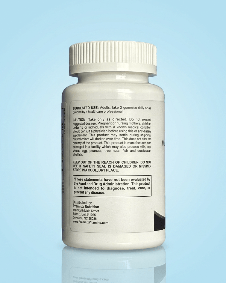 Premiux Beauty Multivitamin Gummies — Hair, Skin, Nails & Glow Support - Premiux NutritionA white plastic bottle of Perzantine Nutrition dietary supplements, shown from the back to display the black text label, set against a light blue gradient background with a soft reflection.199874313672
