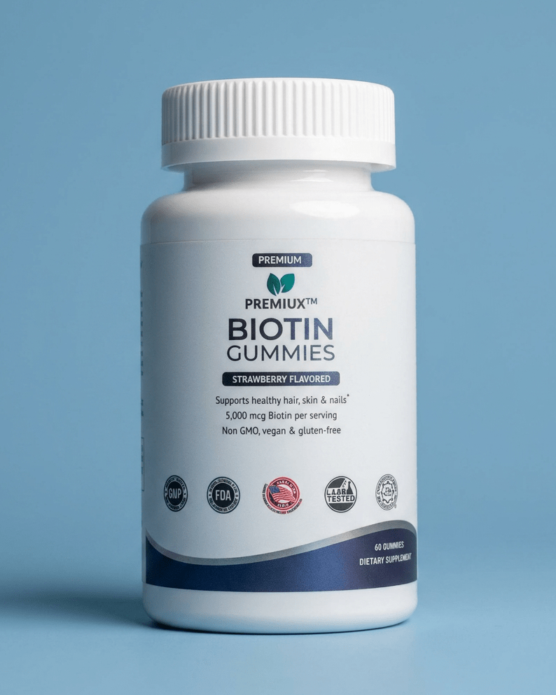 Premiux Biotin Gummies 5000mcg — Hair, Nails & Skin - Premiux NutritionA white bottle of PREMIUM BIOTIN GUMMIES on a light blue background. The label features dark blue text and a dark blue accent stripe at the bottom, with various certification logos near the bottom of the label.199874556253