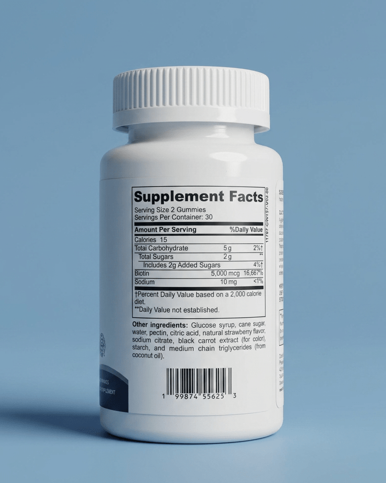 Premiux Biotin Gummies 5000mcg — Hair, Nails & Skin - Premiux NutritionA white plastic bottle of dietary supplements shown from the back, displaying the Supplement Facts label against a solid light blue background.199874556253
