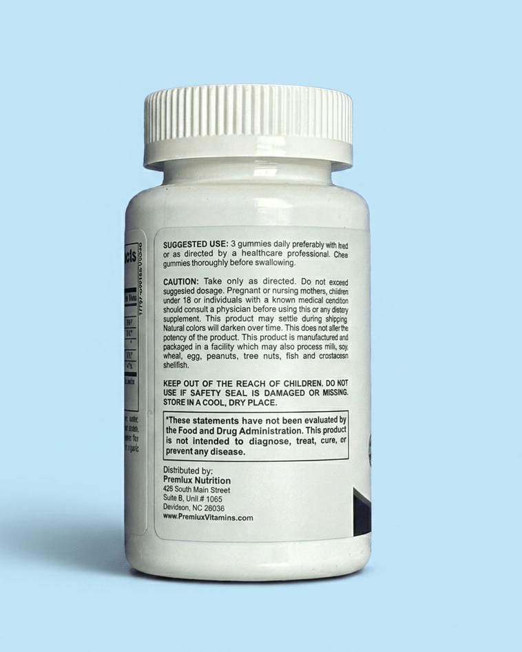 Premiux Fiber Gummies — Prebiotic Chicory Root - Premiux NutritionA white plastic bottle of dietary supplements shown from the back, displaying the detailed usage and caution labels against a solid light blue background.199874279633