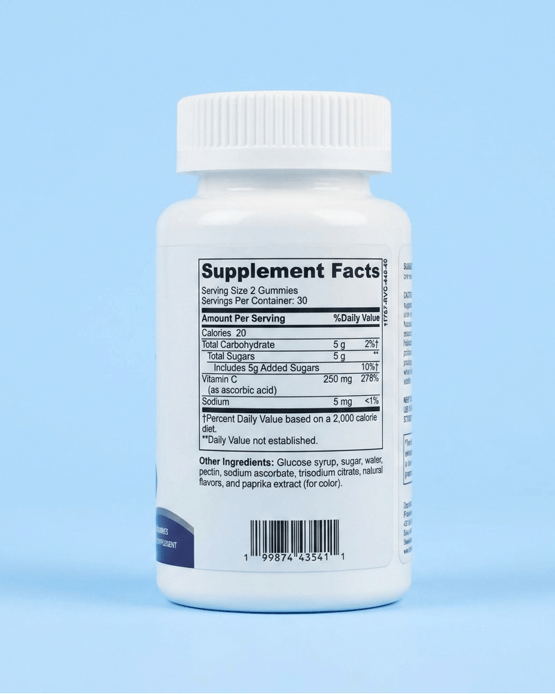 Premiux Vitamin C Gummies 250mg — Immune Defence - Premiux NutritionA white plastic bottle of dietary supplements shown from the back, displaying the Supplement Facts label against a solid light blue background.199874435411