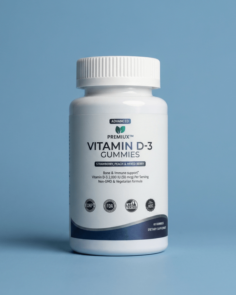 Premiux Vitamin D Gummies 2000 IU — Immune & Bone Health - Premiux NutritionA white bottle of Premium Vitamin D-3 Gummies by Nature's Way, set against a solid light blue background.199874937595
