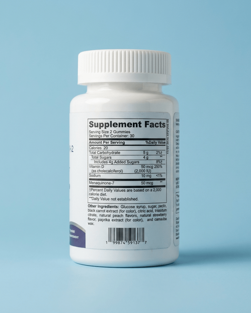 Premiux Vitamin D3 + K2 Gummies — Bone & Heart Health - Premiux NutritionA white plastic supplement bottle shown from the back, displaying the Supplement Facts label against a solid light blue background.199874591377