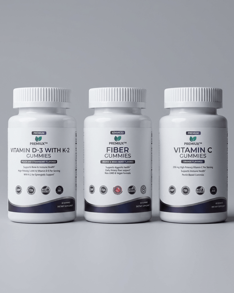 The Daily Foundation — Immunity, Gut & Bone Bundle (D3+K2 + Vitamin C + Fiber) - Premiux NutritionThree white supplement bottles labeled PRECIUM on a clean light gray background. The bottles are arranged in a row, with the center bottle slightly forward.