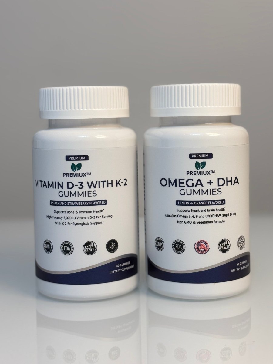 Vitamin D3 with K2 Gummies + Omega & DHA Gummies Bundle - Premiux NutritionVitamin D3 with K2 Gummies + Omega & DHA Gummies Bundle